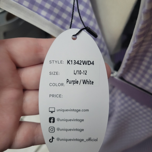 Unique Vintage Lavender Gingham Off Shoulder Dress - Picture 3 of 3